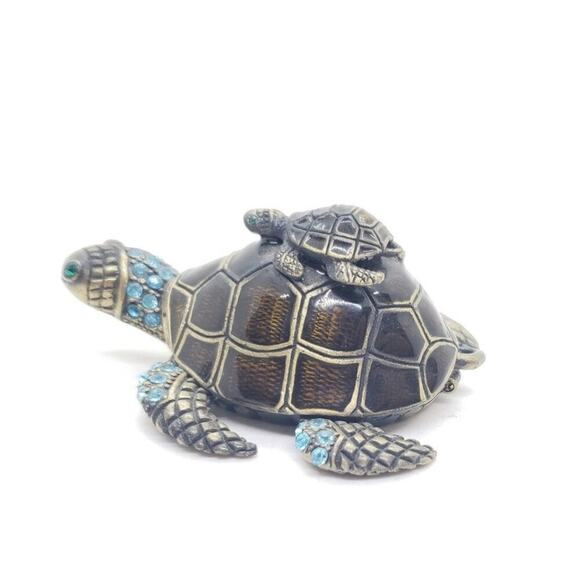 Jeweled Turtle Trinket Box Enamel Metal Mom & Baby Sea Turtles Crystal Eyes - Picture 2 of 8